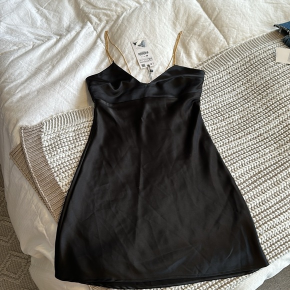 Zara gold chain strap satin effect mini dress black XS 7969/042 LBD - Picture 9 of 12